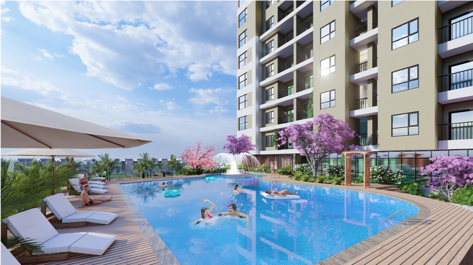 Phối cảnh tiện ích bể bơi dưới chân căn hộ.