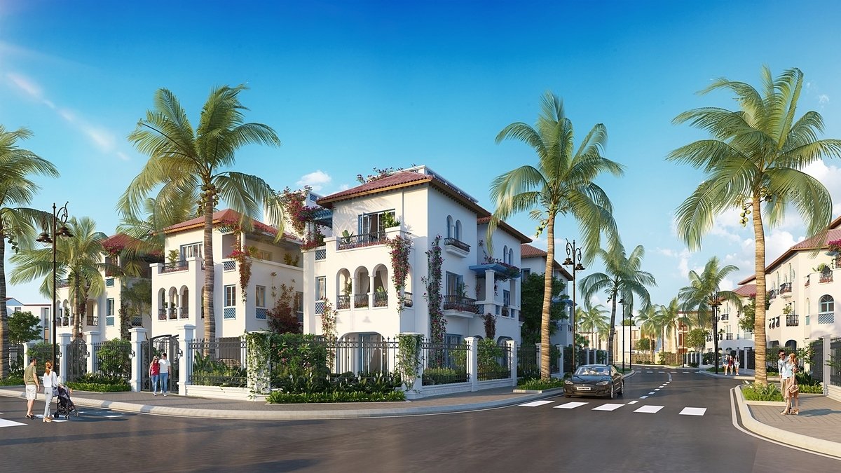 Phối cảnh biệt thự song lập Sun Grand City Feria đồng nhất về thiết kế bên ngoài với mái ngói đỏ, ô cửa xanh Santorini.